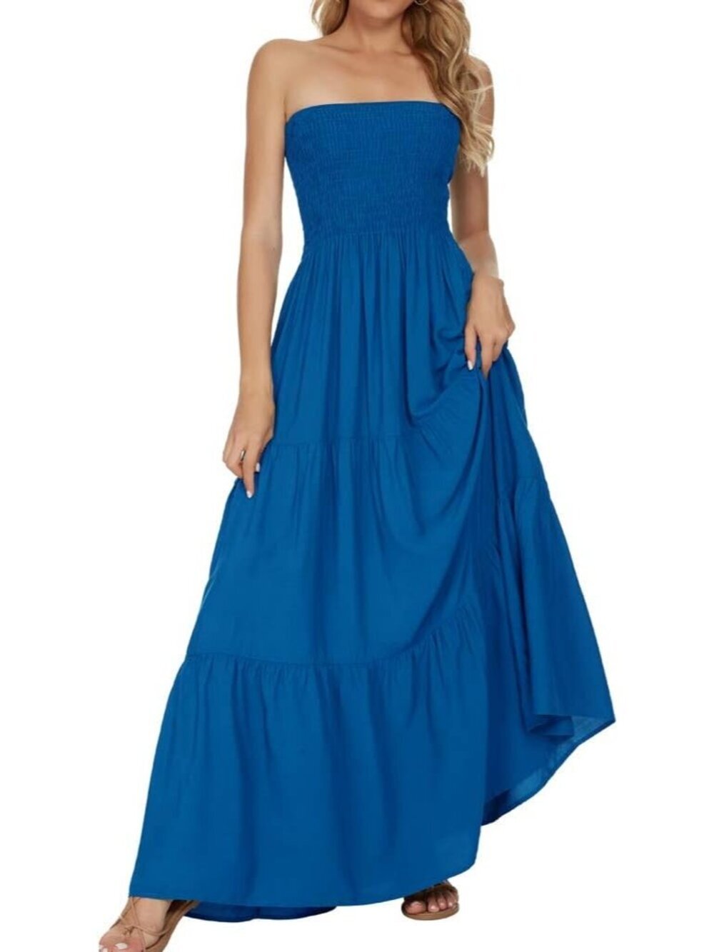 Women's Blue Summer Strapless Tube Top Off Shoulder Boho Beach Long Maxi Dress